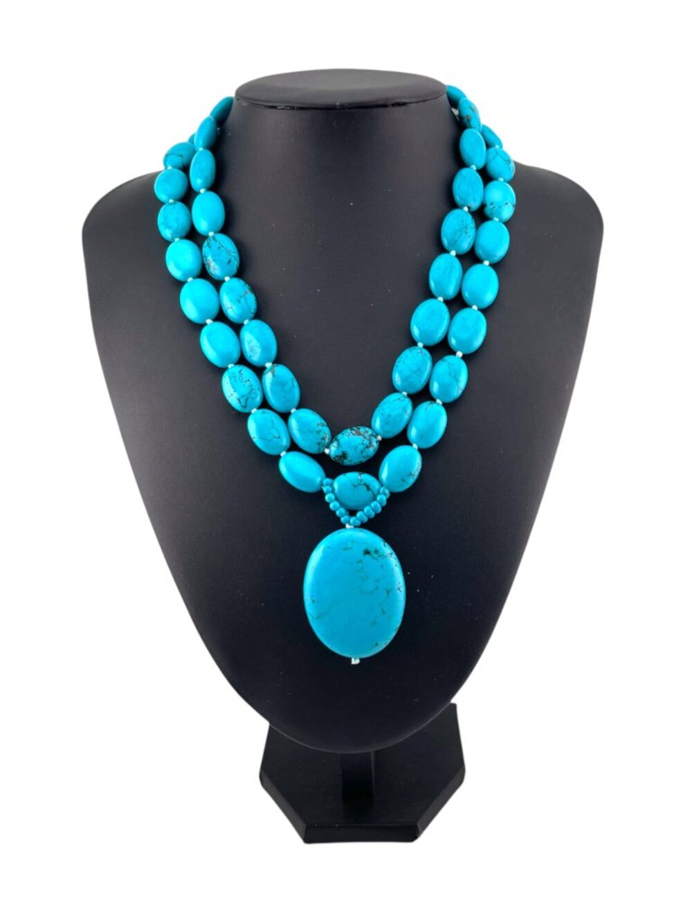 Double Strand Turquoise Statement Necklace Large Pendant 925 Sterling Silver